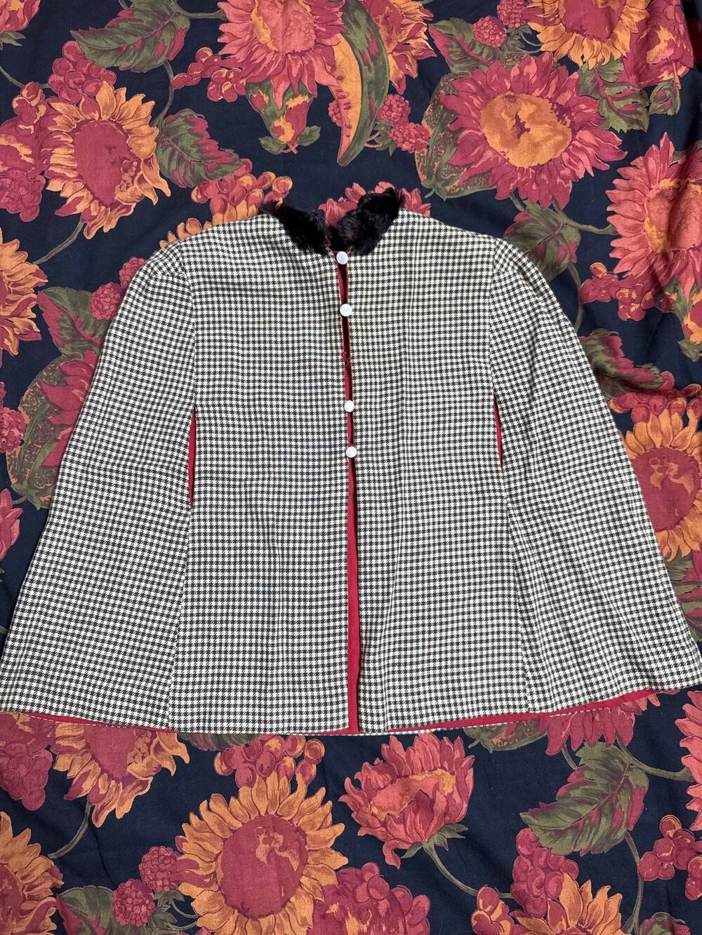 Vintage 60s toddler Cape coat needs TLC- hounds tooth and red